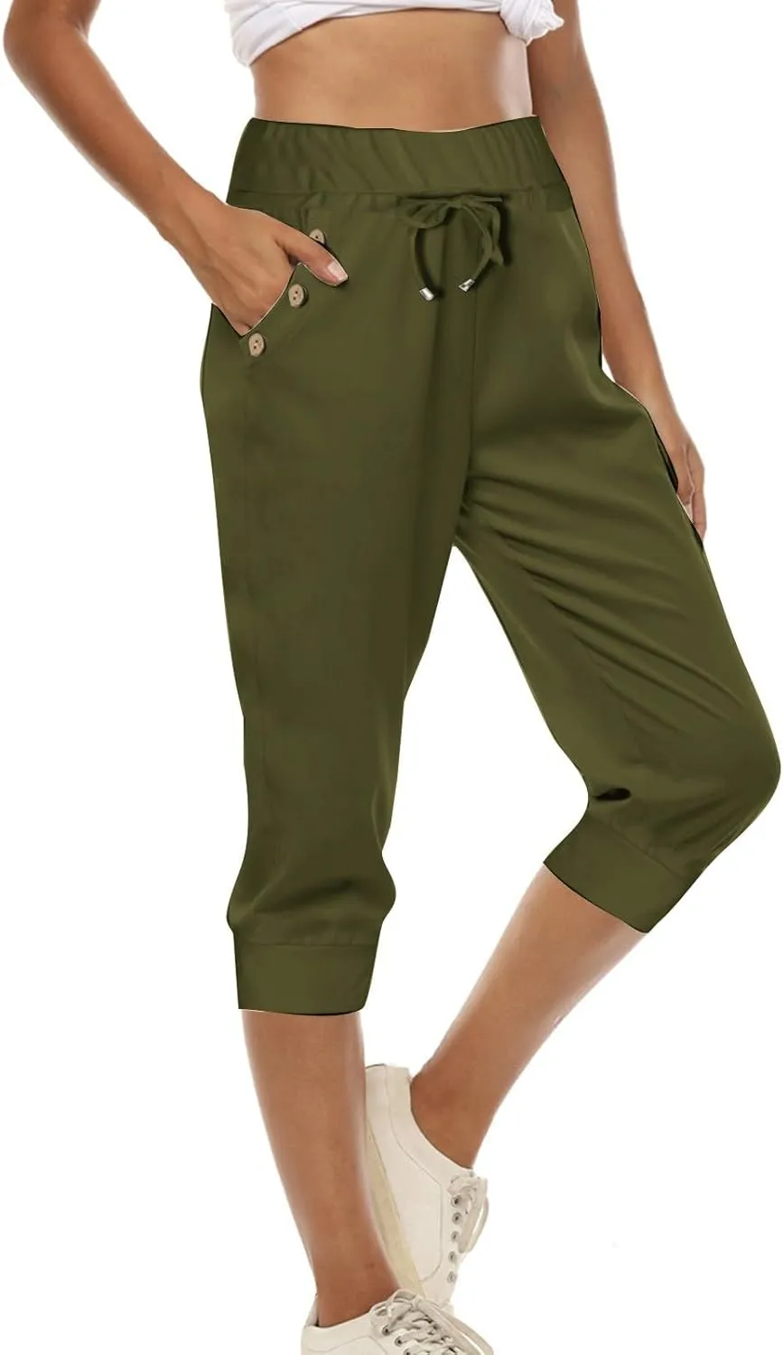 Capri Pants for Women High Waisted Drawstring Trousers Stretch Lightweight Hiking Pant Capri Joggers with Pockets