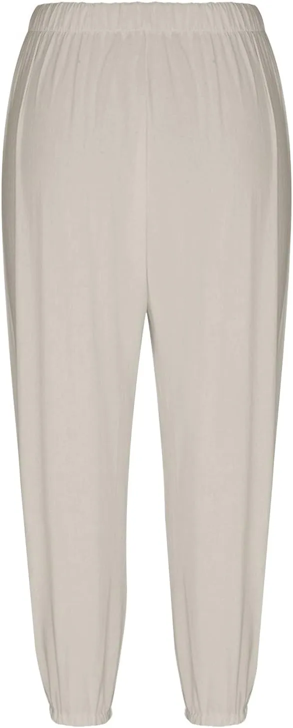 Capris Pants for Women Cotton Linen Casual Summer Pants Plus Size Drawstring Elastic Slacks Pocket Beach Clothes