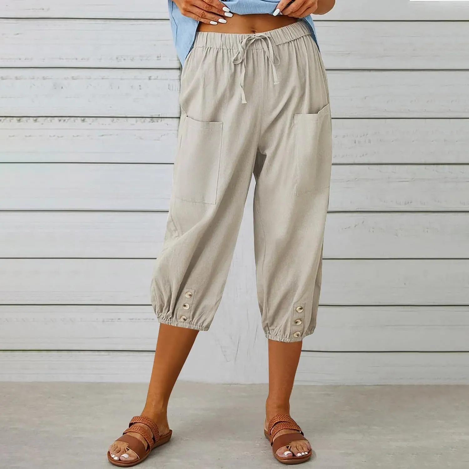 Capris Pants for Women Cotton Linen Casual Summer Pants Plus Size Drawstring Elastic Slacks Pocket Beach Clothes