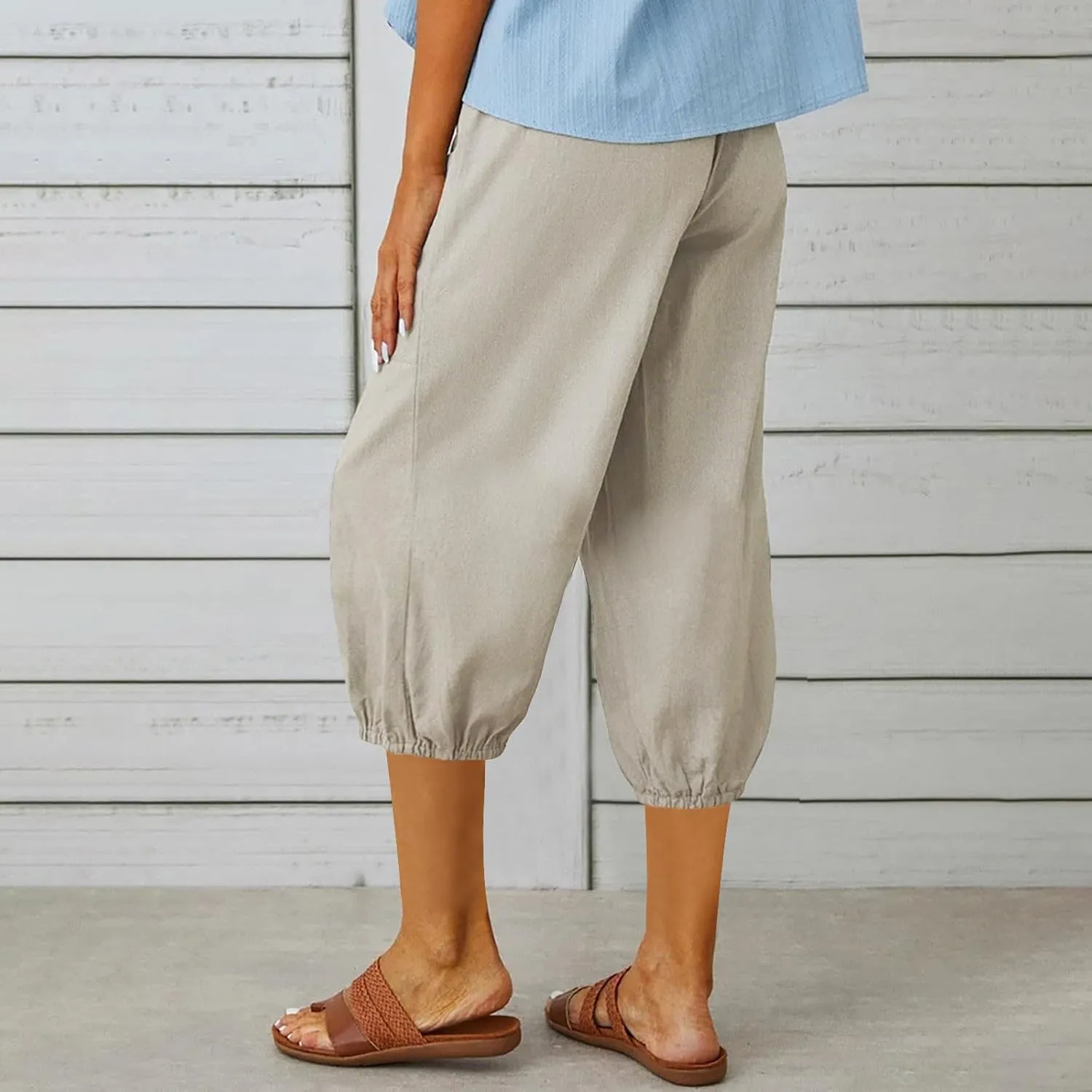 Capris Pants for Women Cotton Linen Casual Summer Pants Plus Size Drawstring Elastic Slacks Pocket Beach Clothes