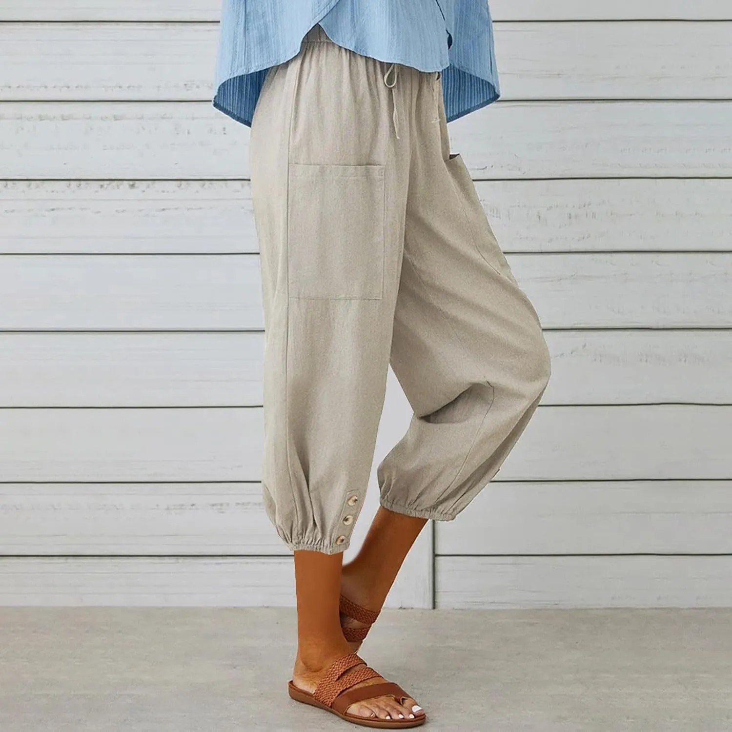 Capris Pants for Women Cotton Linen Casual Summer Pants Plus Size Drawstring Elastic Slacks Pocket Beach Clothes