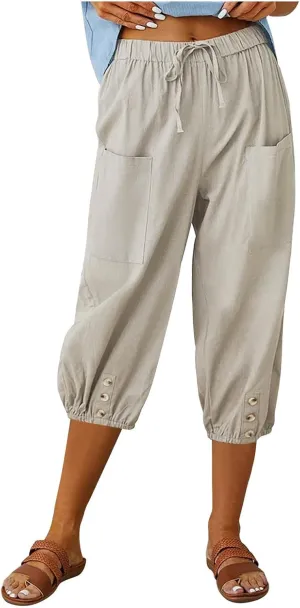 Capris Pants for Women Cotton Linen Casual Summer Pants Plus Size Drawstring Elastic Slacks Pocket Beach Clothes