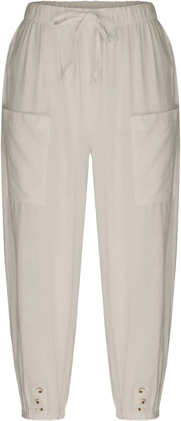 Capris Pants for Women Cotton Linen Casual Summer Pants Plus Size Drawstring Elastic Slacks Pocket Beach Clothes