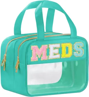 Chenille Letter Clear Medicine Bags, Makeup Bag for Travel, Preppy Patch Nylon Cosmetic Meds Pouch with Handles and Zipper, Waterproof Large Clear Travel Toiletry Purse Storage for Women Green