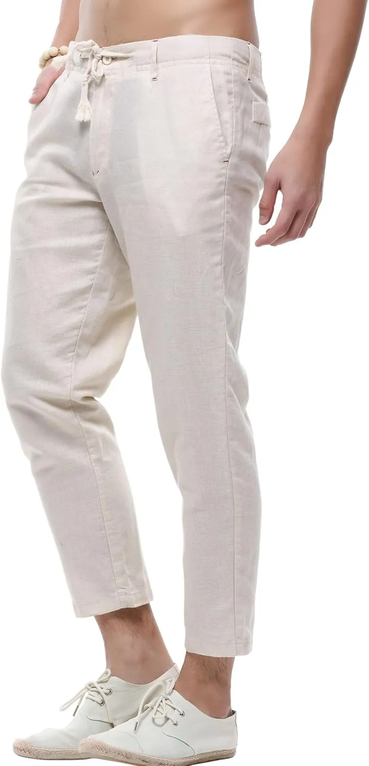 chouyatou Men's Casual Drawstring Straight Fit Beach Linen Capri Pants