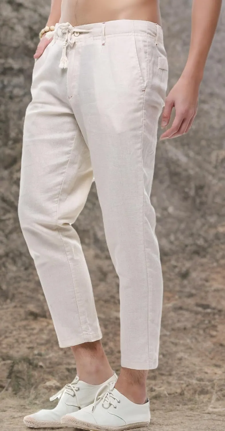 chouyatou Men's Casual Drawstring Straight Fit Beach Linen Capri Pants
