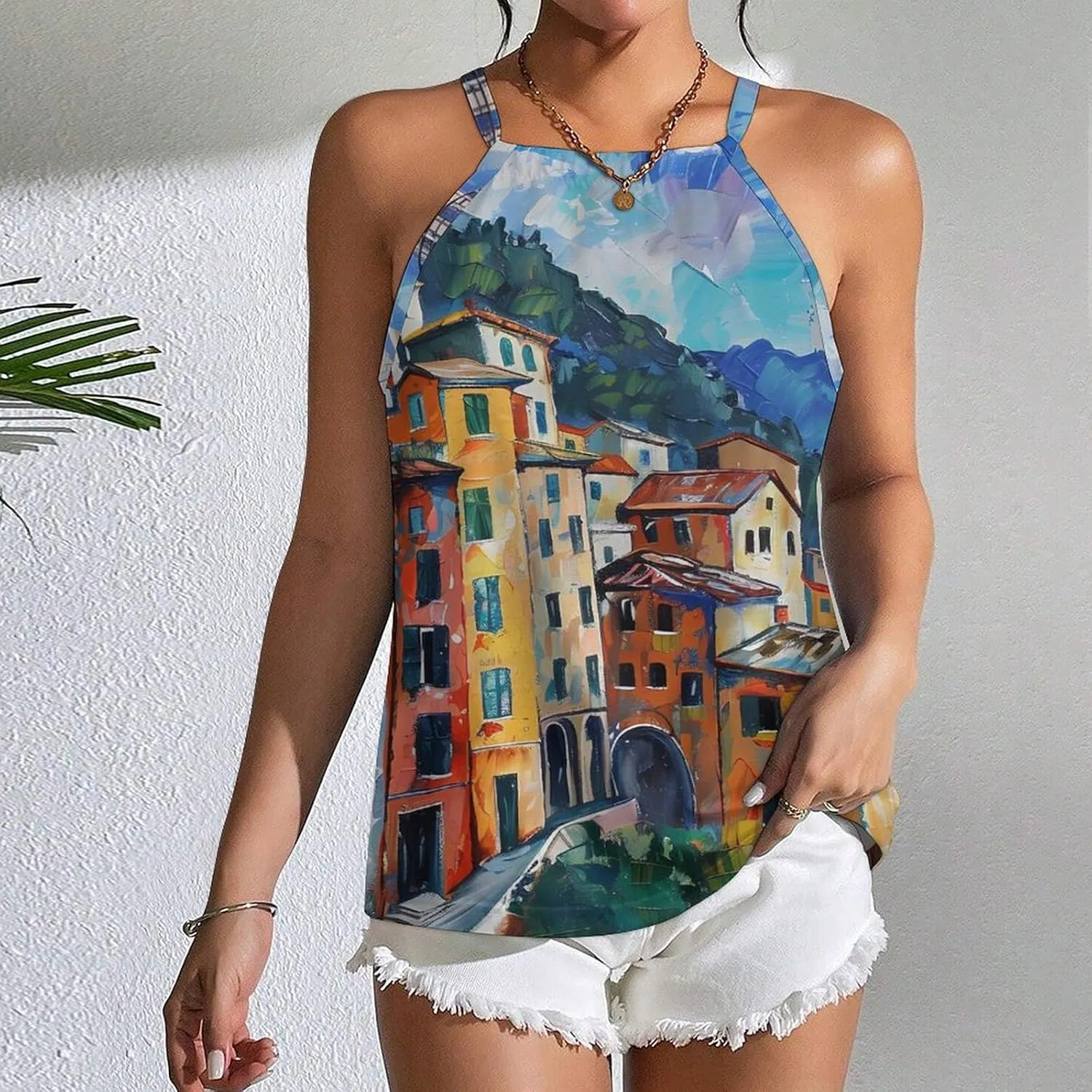 Cinque Terre And Pisa Tower Painting Women's Tank Top Sleeveless Spaghetti Straps Tie Back Print T-shirt Tops