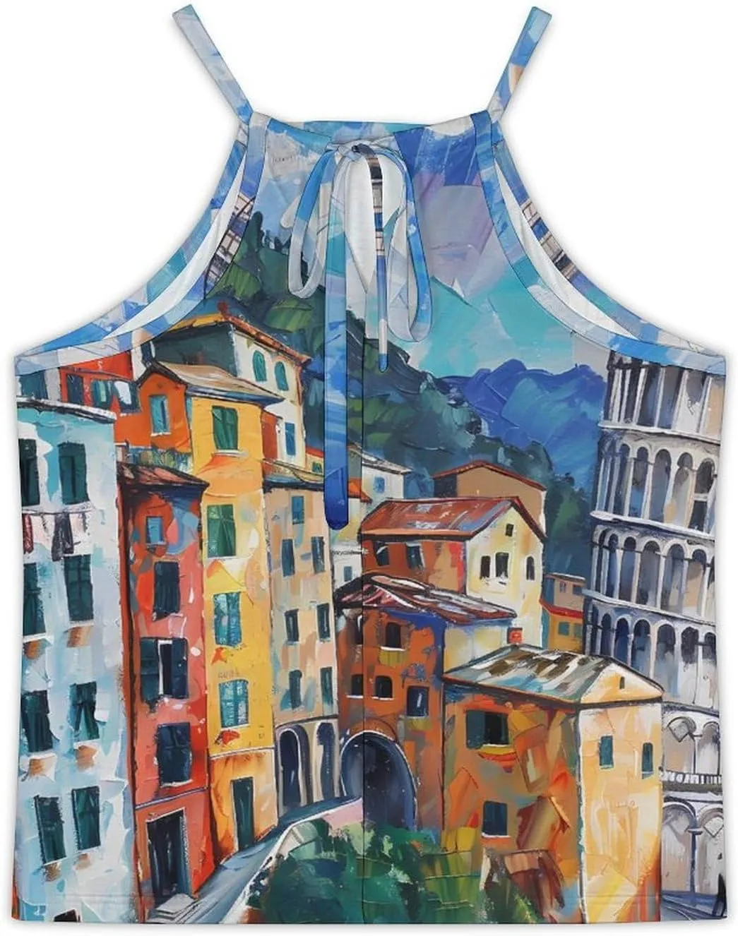 Cinque Terre And Pisa Tower Painting Women's Tank Top Sleeveless Spaghetti Straps Tie Back Print T-shirt Tops