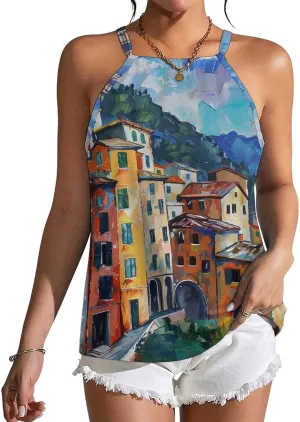 Cinque Terre And Pisa Tower Painting Women's Tank Top Sleeveless Spaghetti Straps Tie Back Print T-shirt Tops