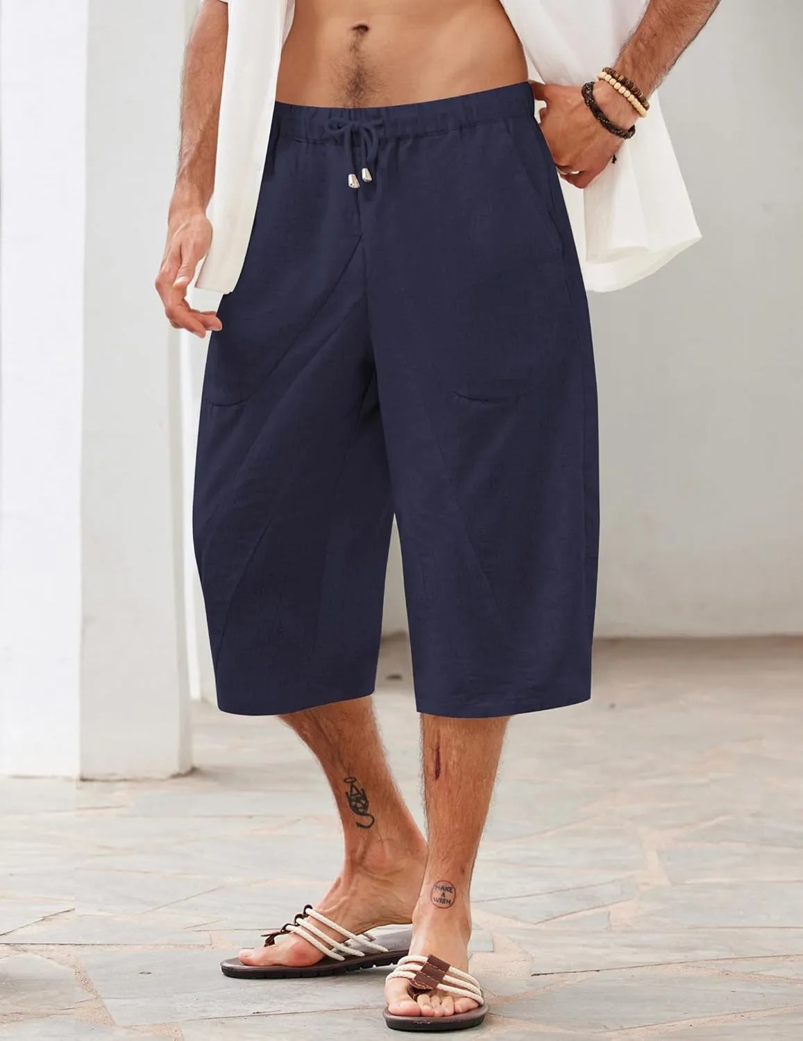 COOFANDY Men's Linen Harem Capri Pants Casual Lightweight Drawstring Yoga Pants Baggy 3/4 Beach Trousers