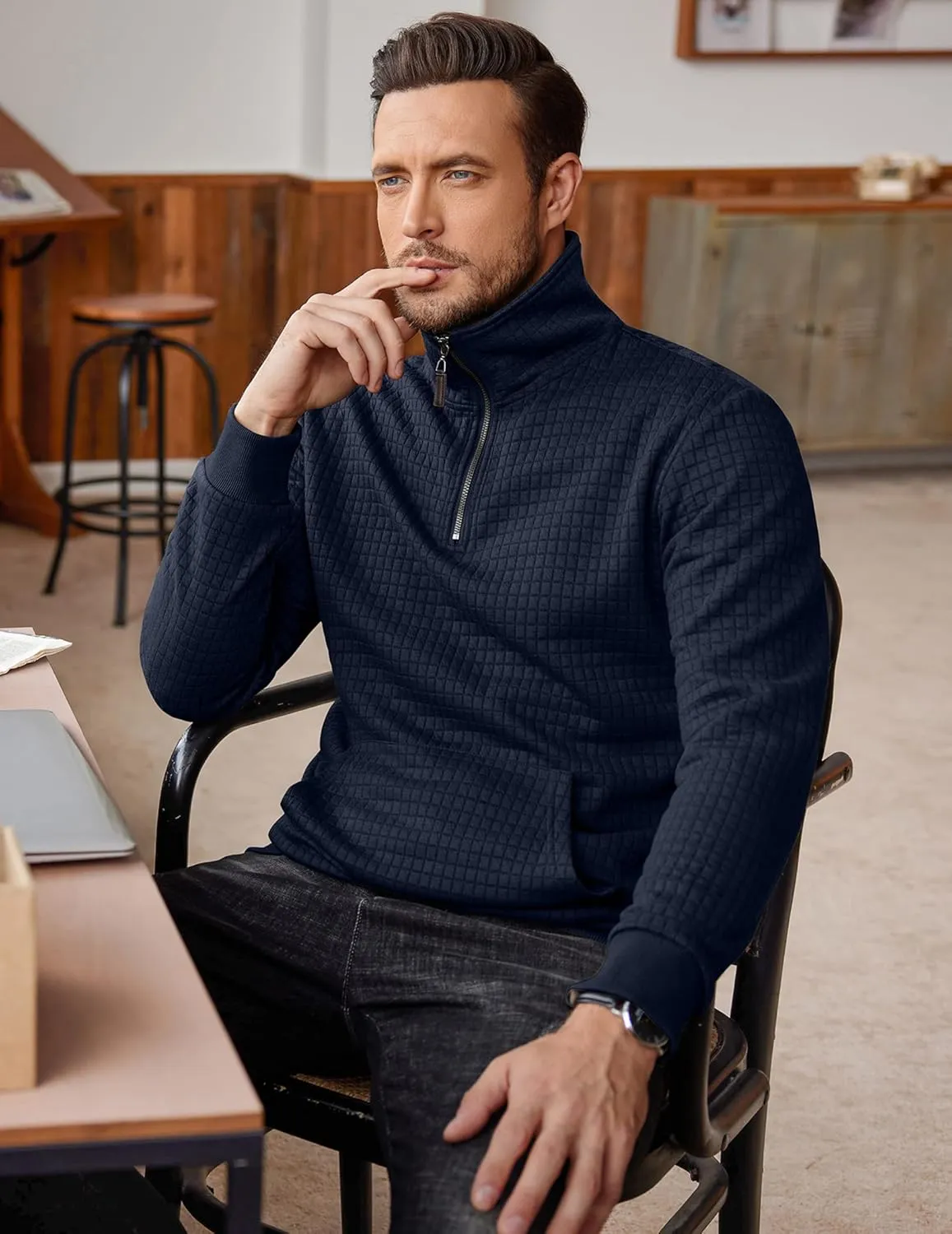 COOFANDY Mens Quarter Zip Sweatshirt Long Sleeve Casual Waffle Pullover Hoodies with Pocket