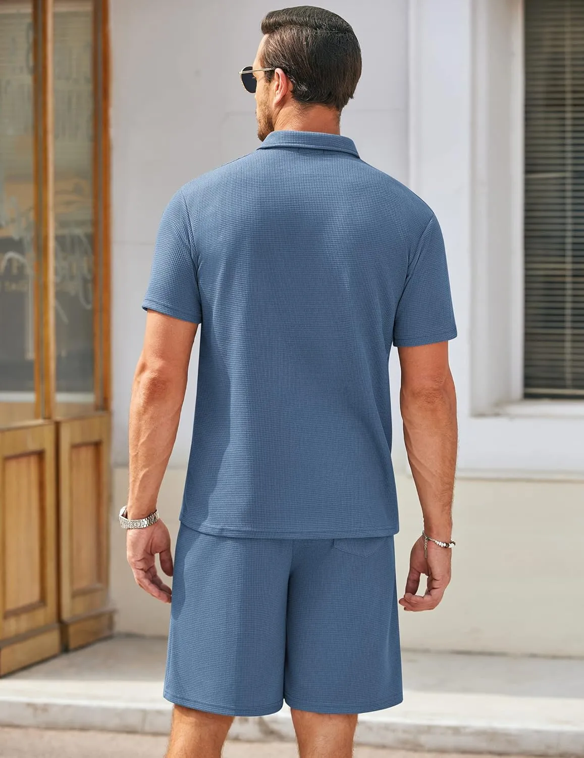 COOFANDY Men's Waffle Knit Polo Shirt and Shorts Set 2 Pieces Outfits Summer Suit Casual Tracksuit with Pockets