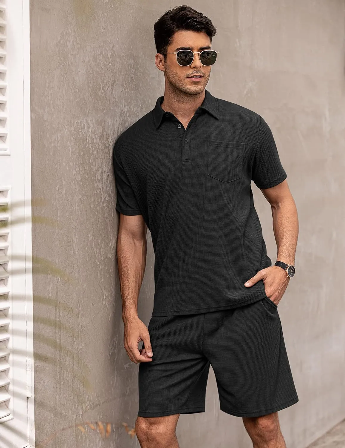 COOFANDY Men's Waffle Knit Polo Shirt and Shorts Set 2 Pieces Outfits Summer Suit Casual Tracksuit with Pockets