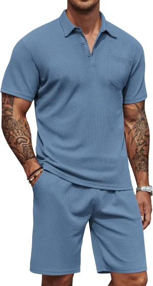 COOFANDY Men's Waffle Knit Polo Shirt and Shorts Set 2 Pieces Outfits Summer Suit Casual Tracksuit with Pockets
