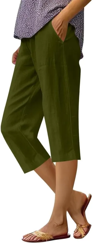 Cotton Linen Capri Shorts for Women's Summer Solid Comfy Wide Leg Short Pants Beach Vacation Cropped Trousers