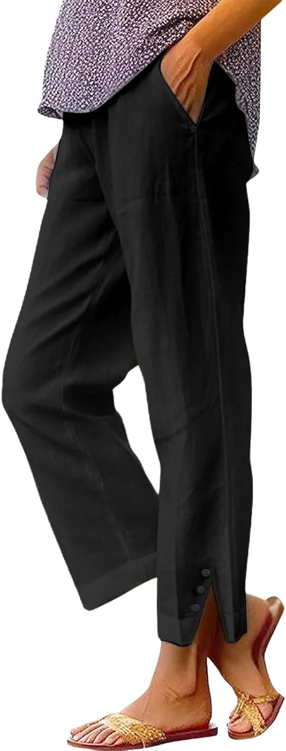 Cotton Linen Capris Pants for Women Casual Summer Straight Wide Leg Stripe Drawstring Elastic Waist Crop Trousers