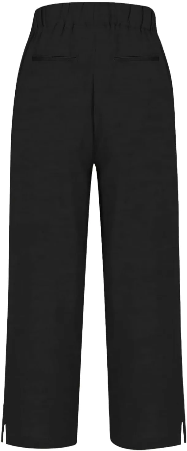 Cotton Linen Capris Pants for Women Casual Summer Straight Wide Leg Stripe Drawstring Elastic Waist Crop Trousers