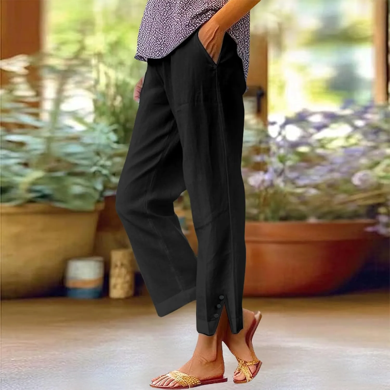 Cotton Linen Capris Pants for Women Casual Summer Straight Wide Leg Stripe Drawstring Elastic Waist Crop Trousers