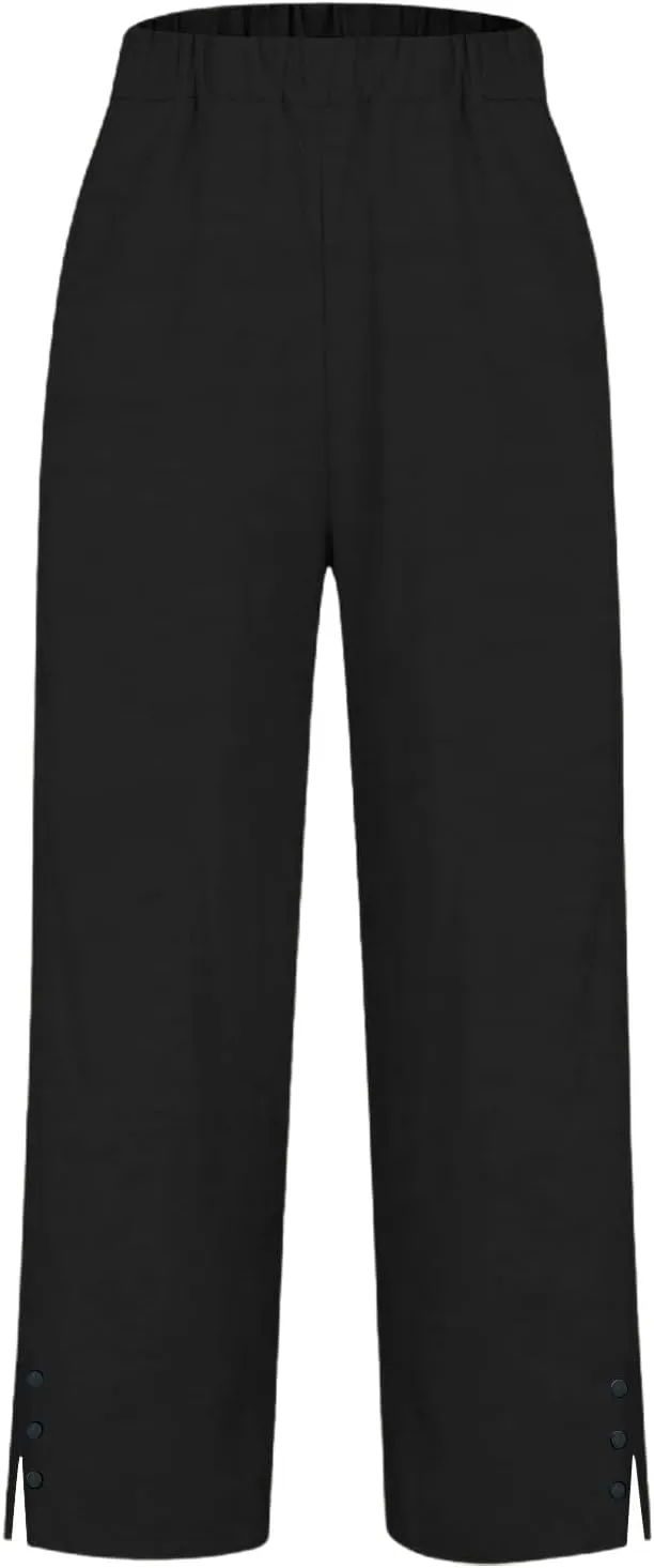 Cotton Linen Capris Pants for Women Casual Summer Straight Wide Leg Stripe Drawstring Elastic Waist Crop Trousers