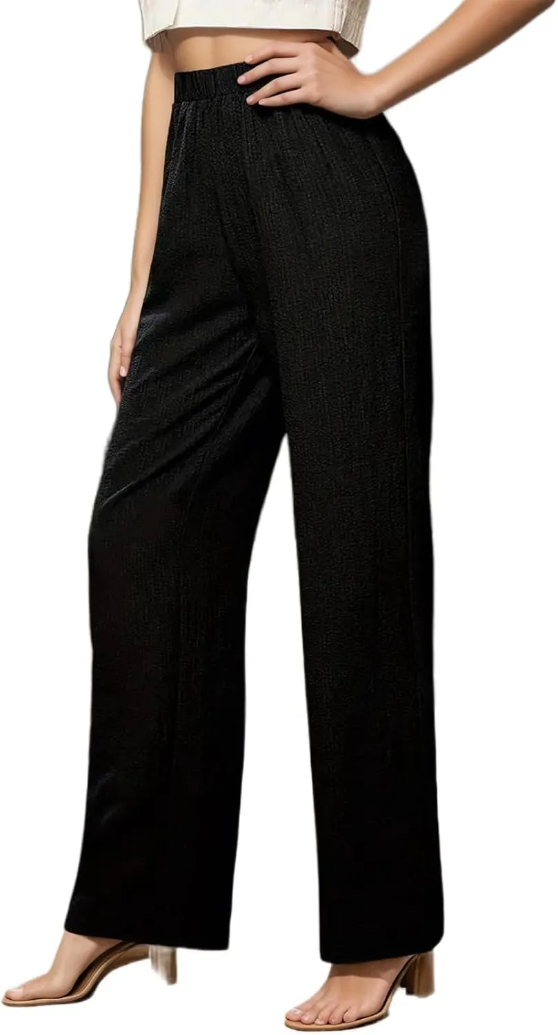 Cotton Linen Palazzo Pants for Women Solid High Elastic Waist Wide Leg Long Trousers Flowy Summer Beach Pants