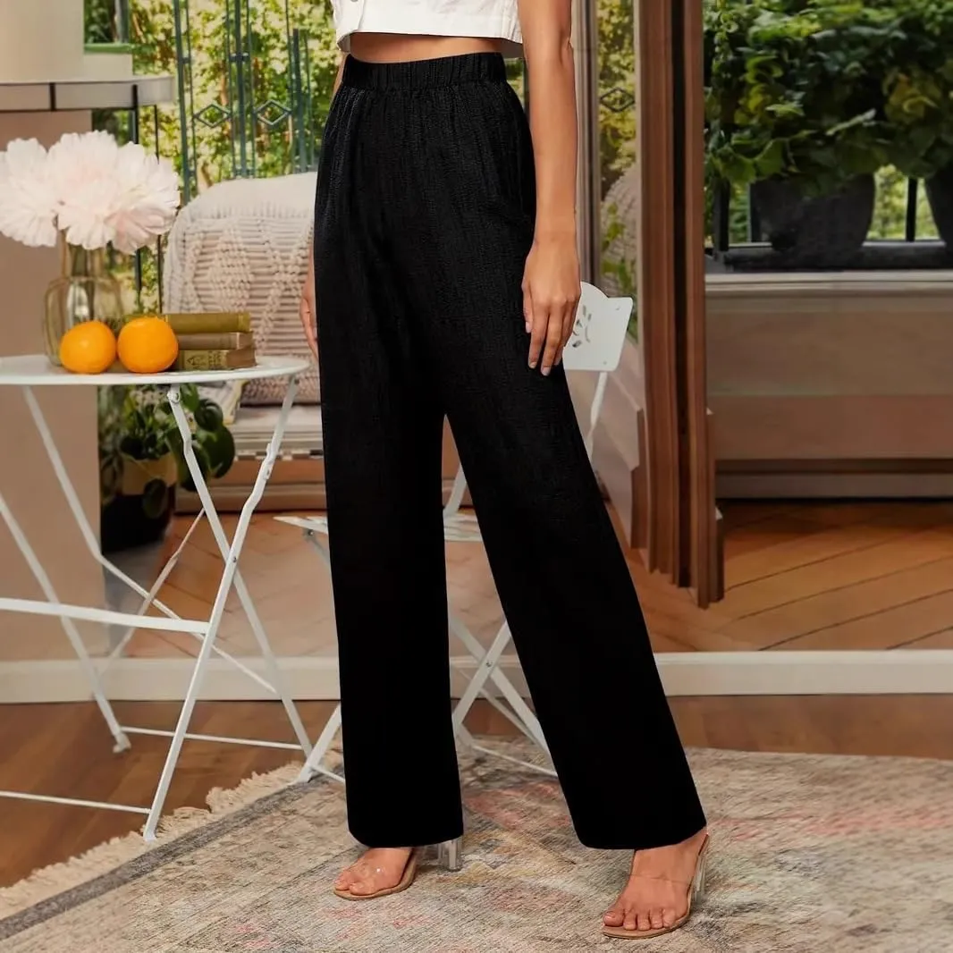 Cotton Linen Palazzo Pants for Women Solid High Elastic Waist Wide Leg Long Trousers Flowy Summer Beach Pants