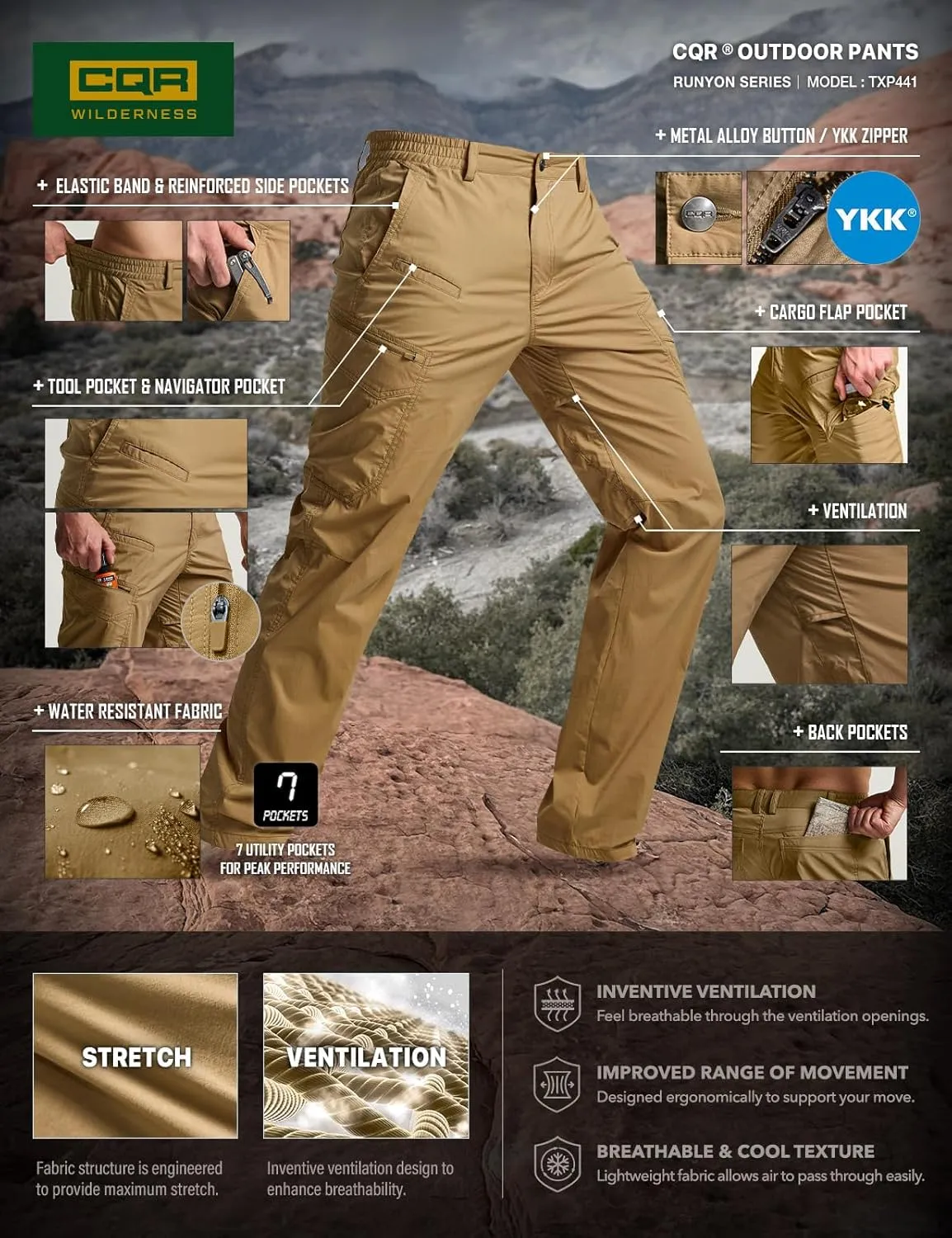 CQR Men's Quick Dry Tactical Pants, Water Resistant Outdoor Pants, Lightweight Stretch Cargo Work Hiking Pants