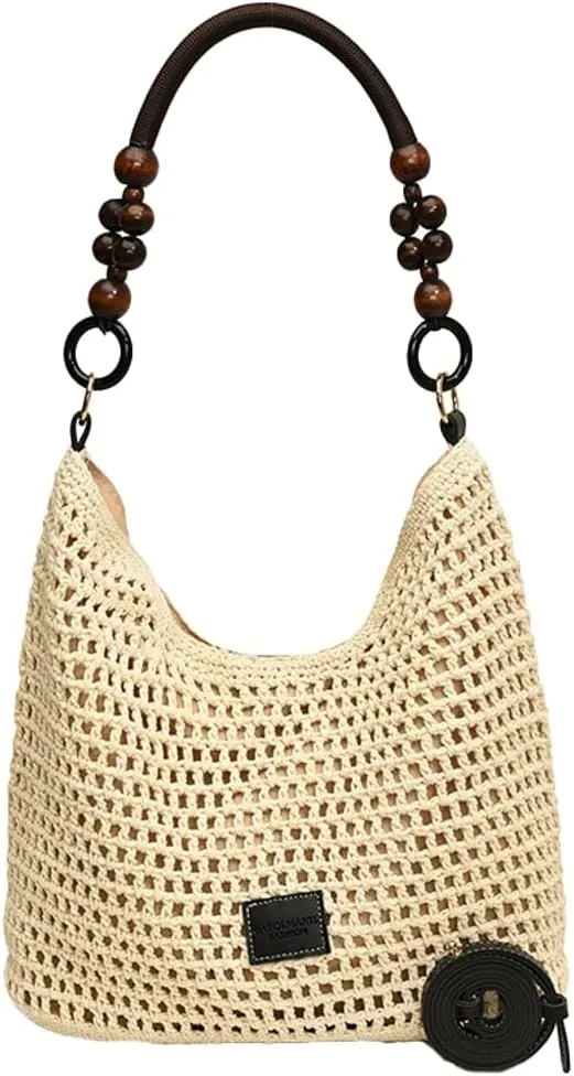 Crochet Cotton Bag for Women Summer Beach Woven Hobo Handbag Fashion Bead Handmade Shoulder Bag Purse