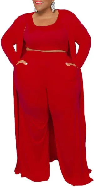 CROSTRITON Women 3 Piece Plus Size Suit Solid Long Sleeve Open Front Long Coat with Leg pants Loungewear