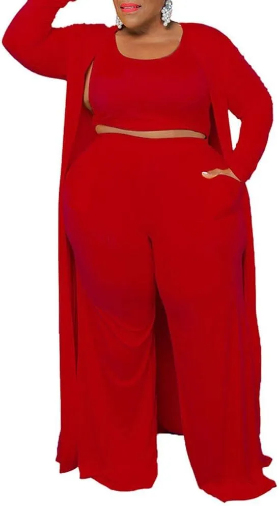 CROSTRITON Women 3 Piece Plus Size Suit Solid Long Sleeve Open Front Long Coat with Leg pants Loungewear