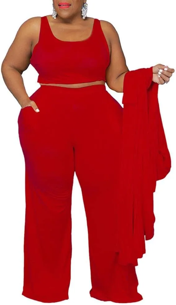 CROSTRITON Women 3 Piece Plus Size Suit Solid Long Sleeve Open Front Long Coat with Leg pants Loungewear