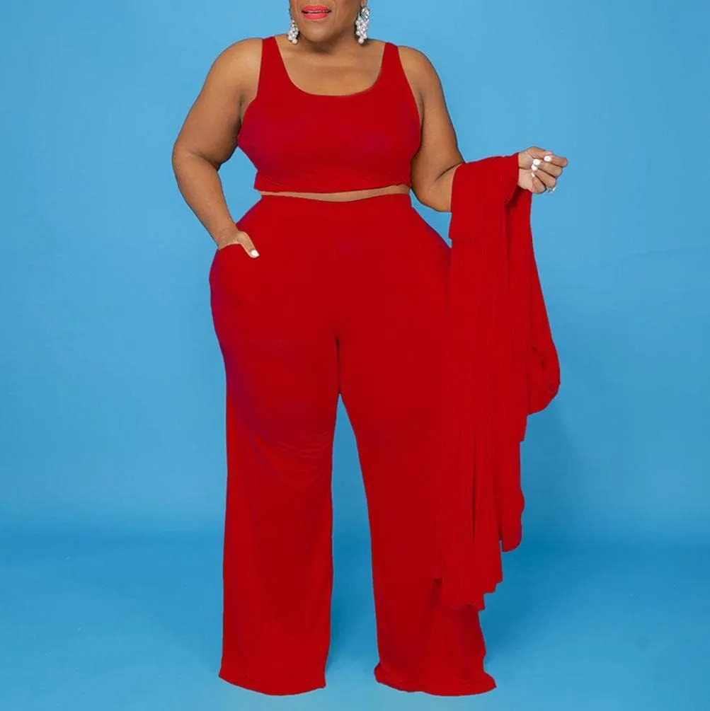 CROSTRITON Women 3 Piece Plus Size Suit Solid Long Sleeve Open Front Long Coat with Leg pants Loungewear