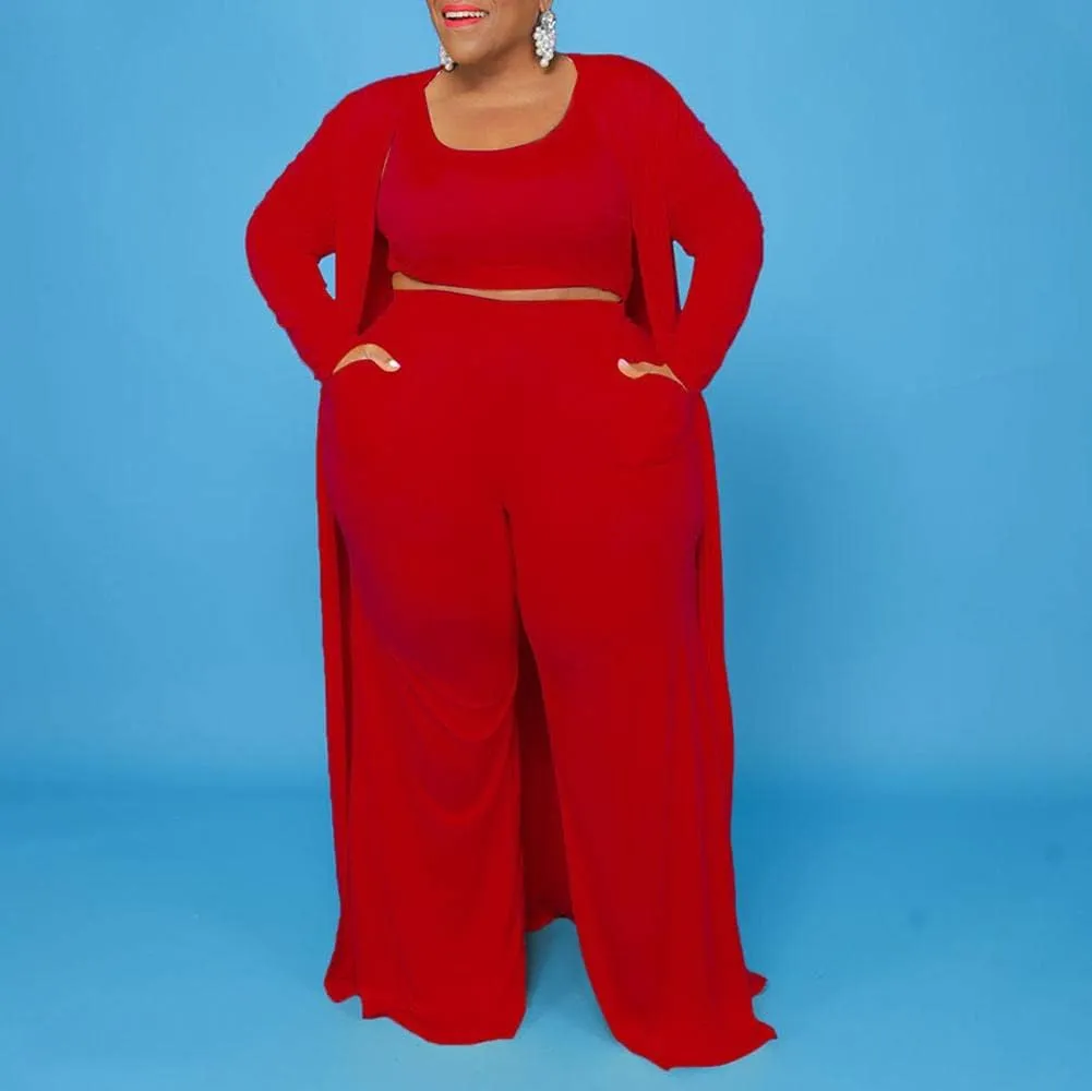 CROSTRITON Women 3 Piece Plus Size Suit Solid Long Sleeve Open Front Long Coat with Leg pants Loungewear