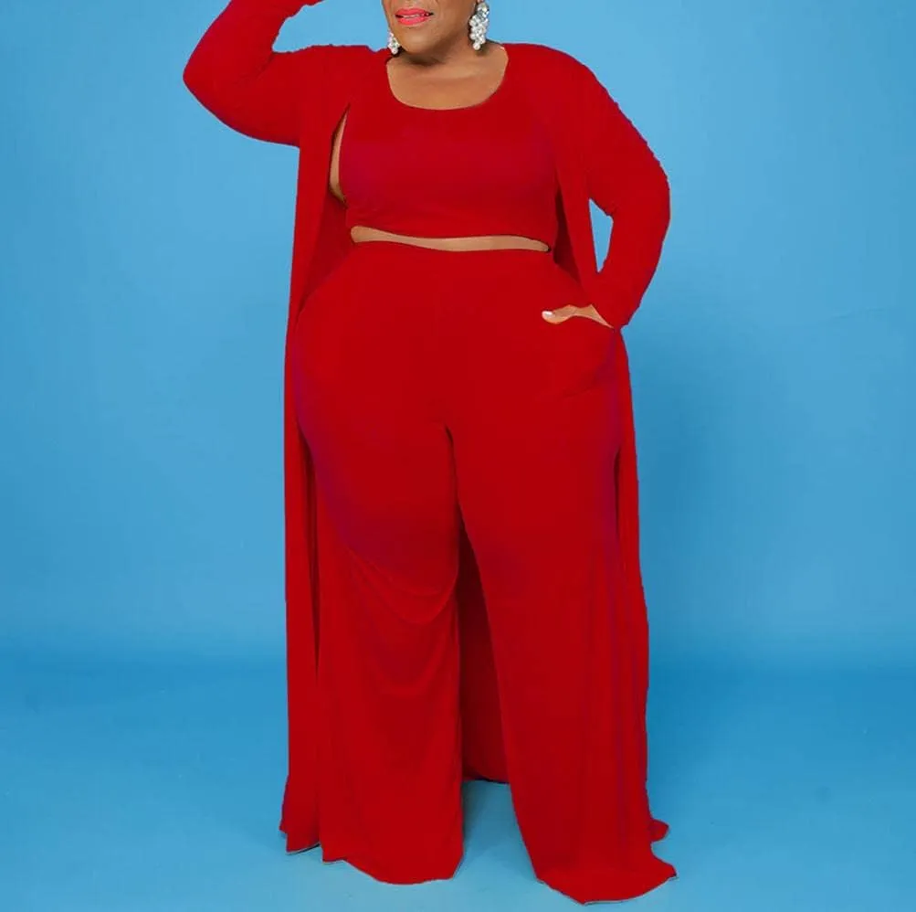 CROSTRITON Women 3 Piece Plus Size Suit Solid Long Sleeve Open Front Long Coat with Leg pants Loungewear