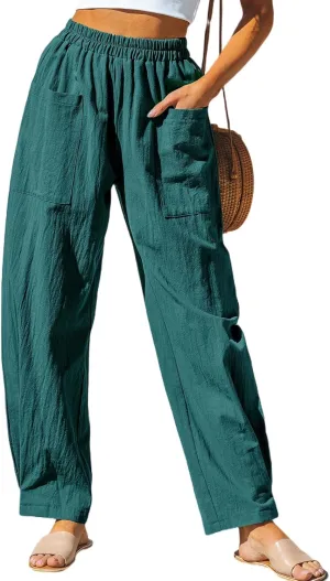 CUPSHE Women Pants Patch Pocket Tapered Leg Elastic Waist Long Pant Casual Beach