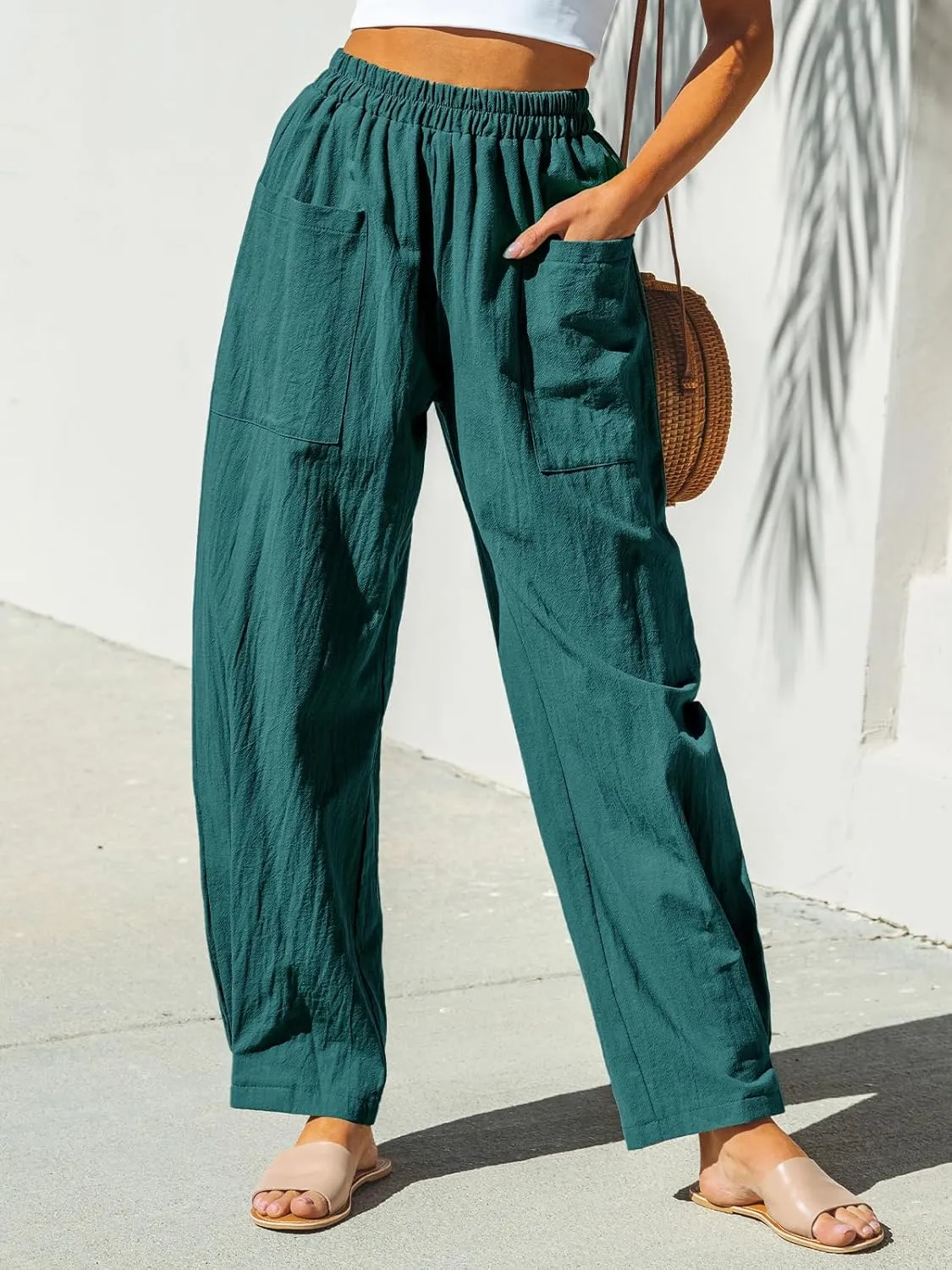 CUPSHE Women Pants Patch Pocket Tapered Leg Elastic Waist Long Pant Casual Beach