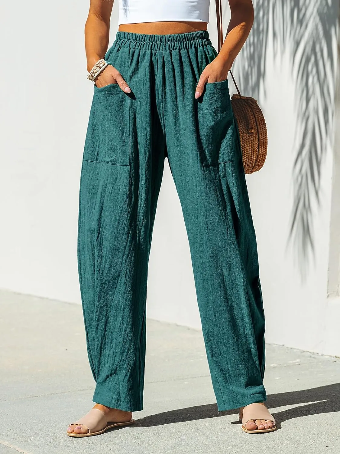 CUPSHE Women Pants Patch Pocket Tapered Leg Elastic Waist Long Pant Casual Beach