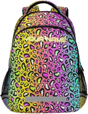 Custom Name Students School Backpack Colorful Leopard with Chest Strap,Personalized Animal Skin Laptop Backpack, Customized Travel Hiking Backpack for Boys Girls