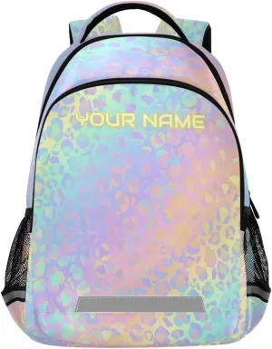 Custom Name Students School Backpack Rainbow Cheetah Leopard Print with Chest Strap,Personalized Animal Skin Laptop Backpack, Customized Travel Hiking Backpack for Boys Girls