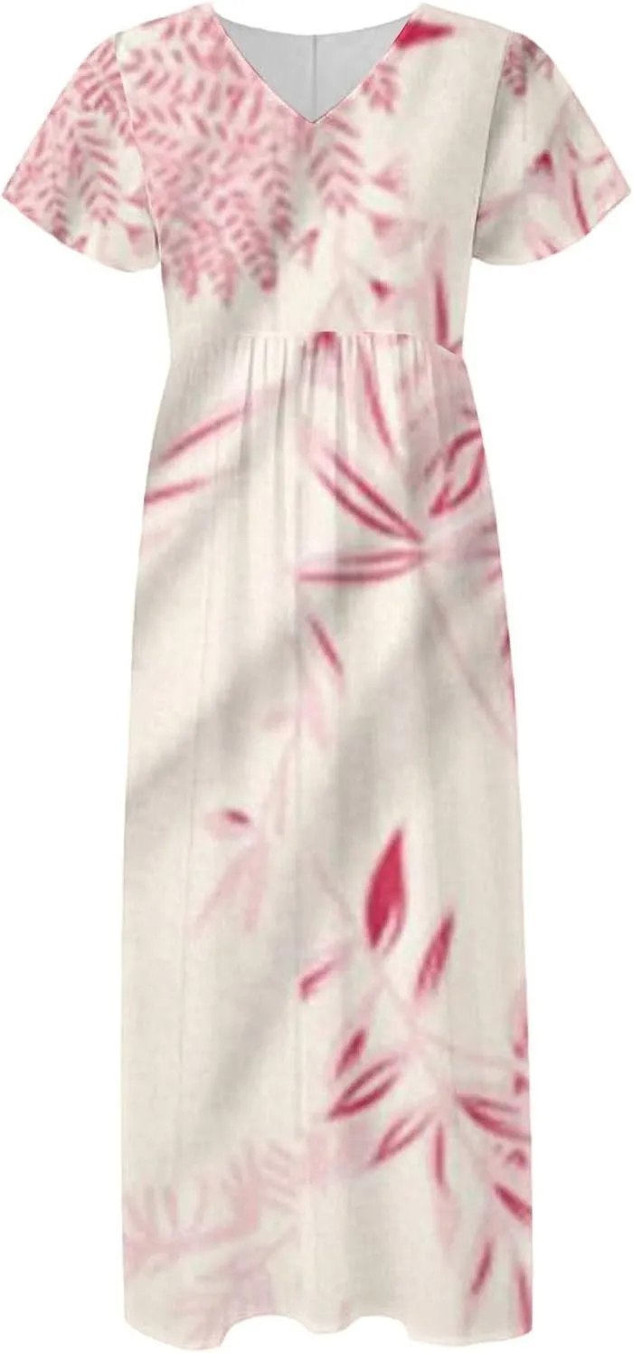 Cute Floral Maxi Dresses for Women 2025 Flowy Short Sleeve Chiffon Dress Summer Casual Prom Beach Clothes Easter Dress