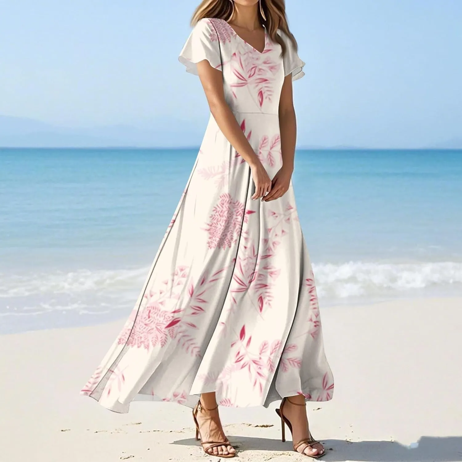 Cute Floral Maxi Dresses for Women 2025 Flowy Short Sleeve Chiffon Dress Summer Casual Prom Beach Clothes Easter Dress