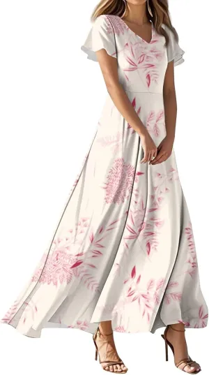Cute Floral Maxi Dresses for Women 2025 Flowy Short Sleeve Chiffon Dress Summer Casual Prom Beach Clothes Easter Dress