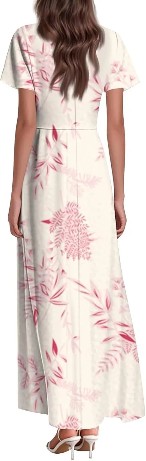 Cute Floral Maxi Dresses for Women 2025 Flowy Short Sleeve Chiffon Dress Summer Casual Prom Beach Clothes Easter Dress