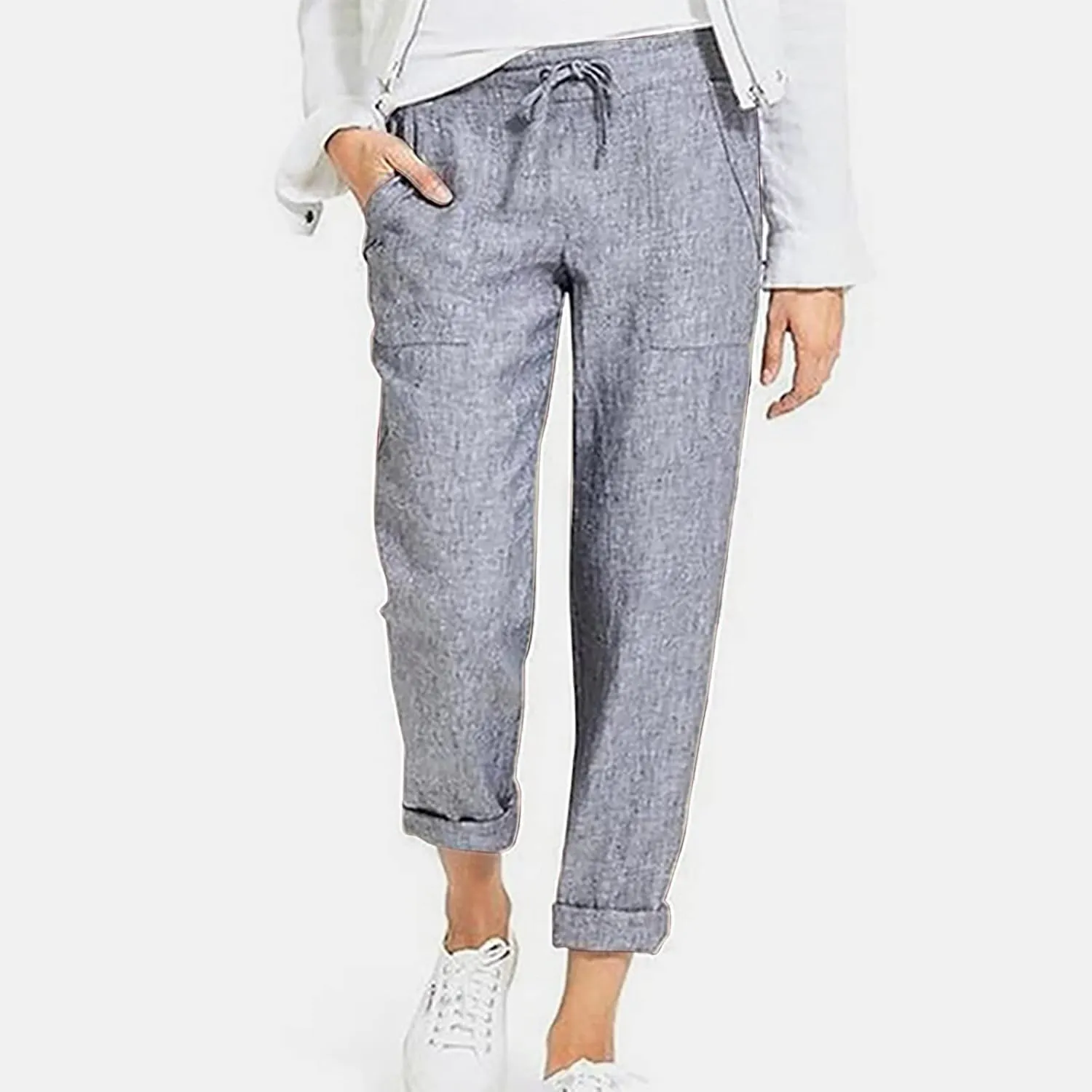 DASAYO Linen Pants Women Pettie Plus Size Drawstring Elastic Waist Straight Leg Trousers Summer Casual Pants with Pockets