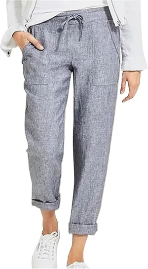 DASAYO Linen Pants Women Pettie Plus Size Drawstring Elastic Waist Straight Leg Trousers Summer Casual Pants with Pockets