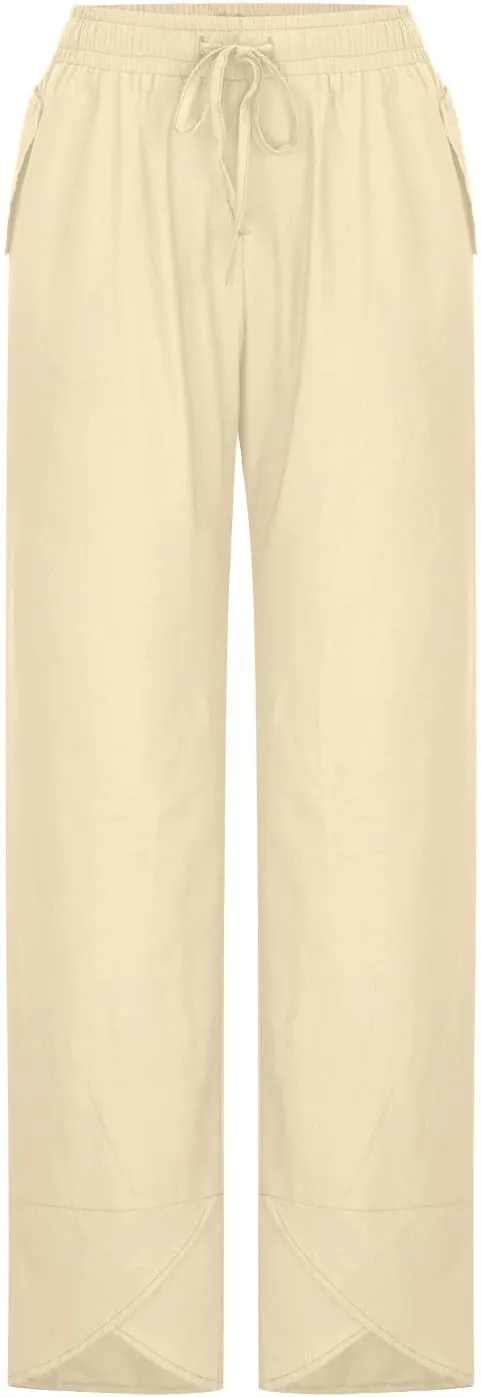 DASAYO Summer Pants for Women Trendy Drawstringg Elastic Wasit Linen Pants Casual Loose Straight Leg Trousers with Pockets