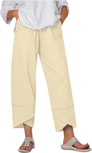 DASAYO Summer Pants for Women Trendy Drawstringg Elastic Wasit Linen Pants Casual Loose Straight Leg Trousers with Pockets