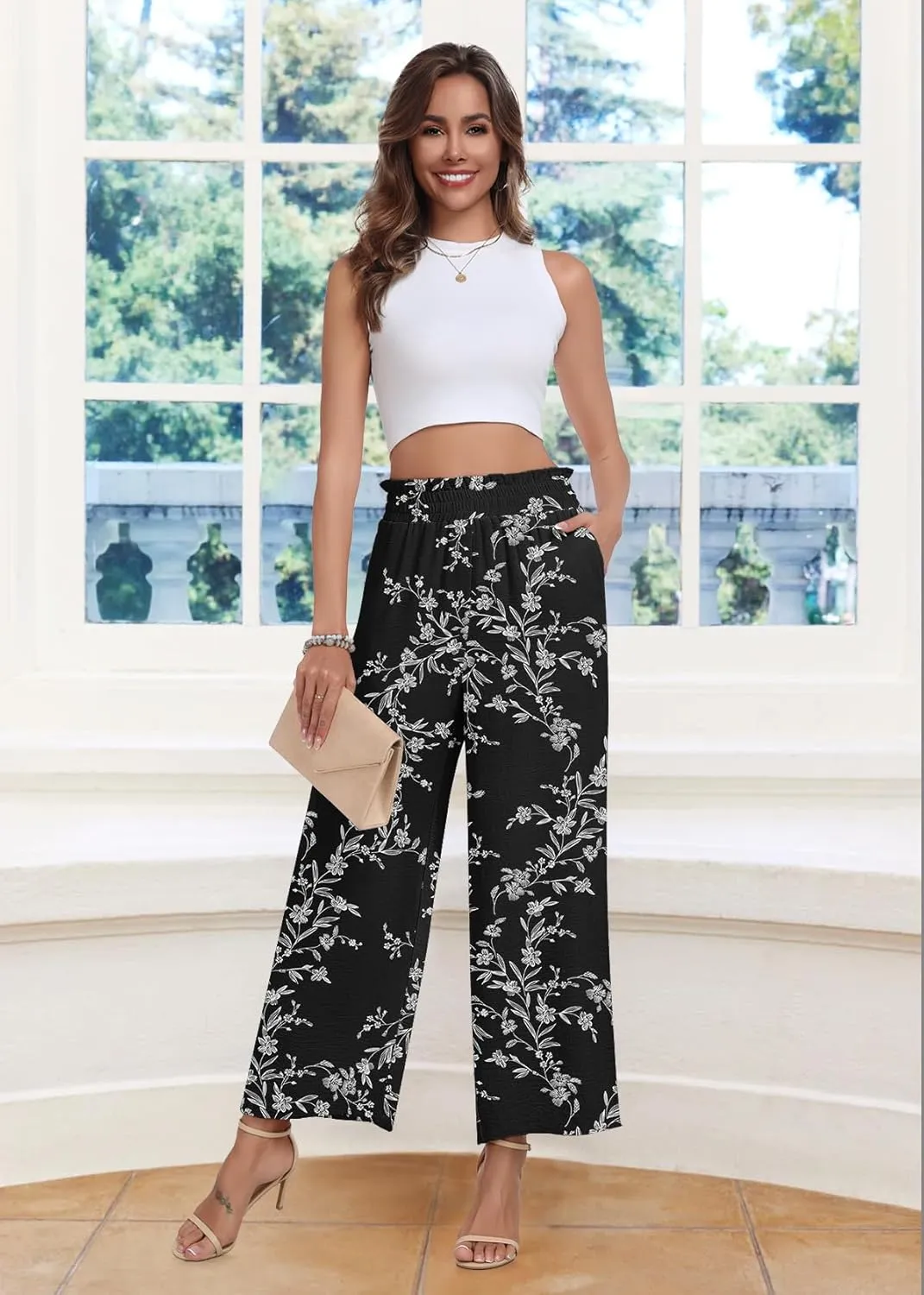 DILIUXING Womens Wide Leg Pants High Waisted Casual Drawstring Trousers Loose Adjustable Pants with Pockets