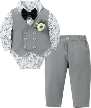 DISAUR Baby Boy Clothes Suits 5PC Infant Gentleman Outfit Dress Shirt Bowtie Vest Corsage Pants Wedding Baby Suit