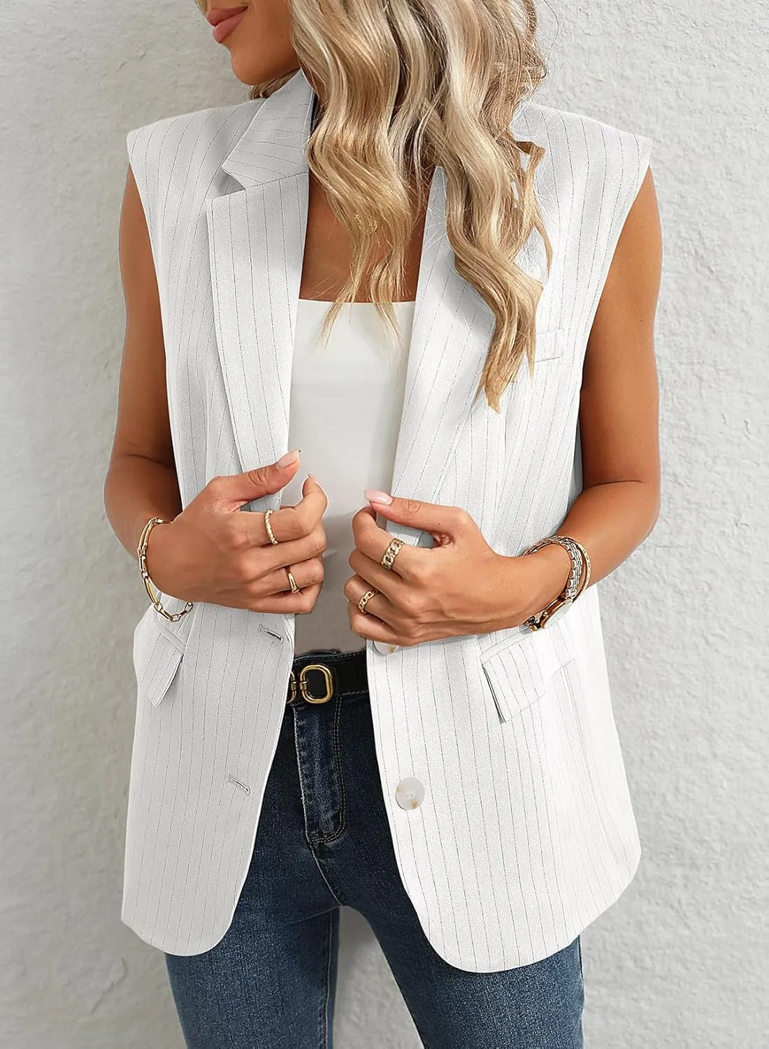 Dokotoo Womens Vest Dressy Casual Stripes Sleeveless Blazer Button Up Lightweight Summer Work Office Suit Vest