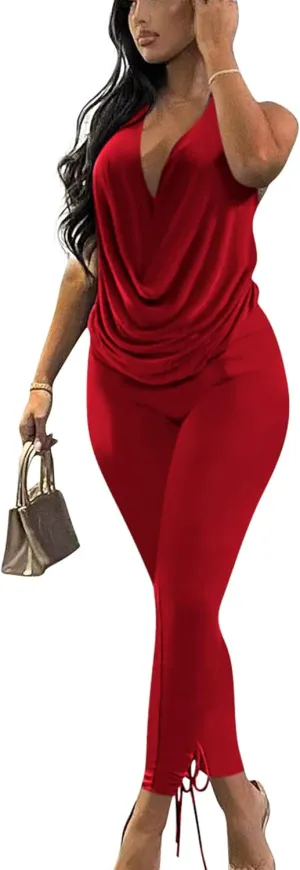 Doweha Women's Sexy Summer Two Piece Outfits Sleeveless Backless Deep V Neck Tank Tops And High Waisted Pants Matching Sets